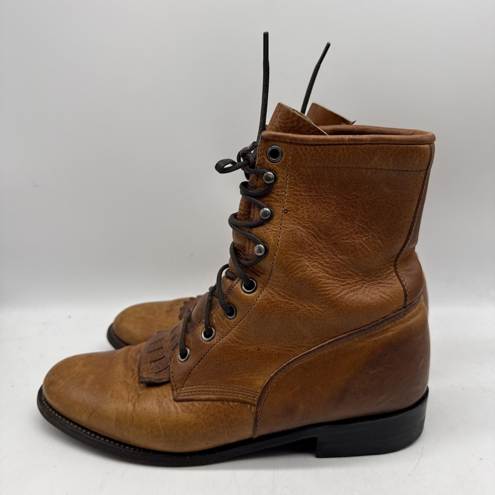 Vtg Justin Boots Womens 7.5B Brown Leather Lace Up Combat Fringe Kiltie USA